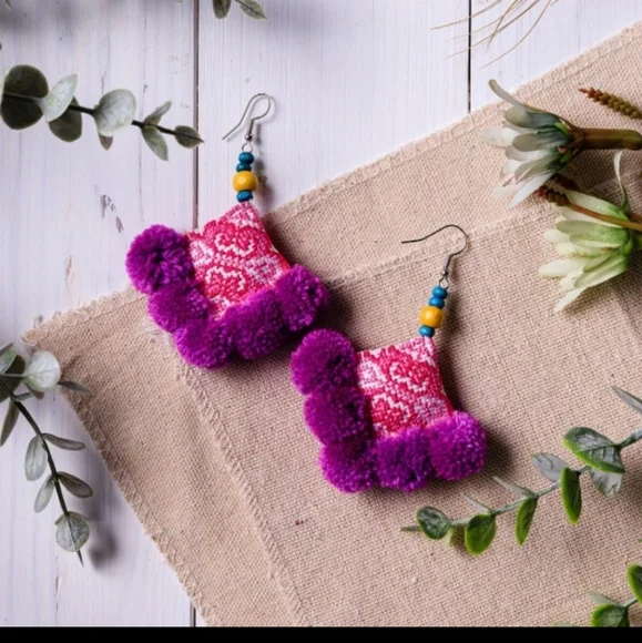 Fair Trade Purple PonPom Earrings, Hmong Tribe Embroidered, Artisan - Picture 5 of 5